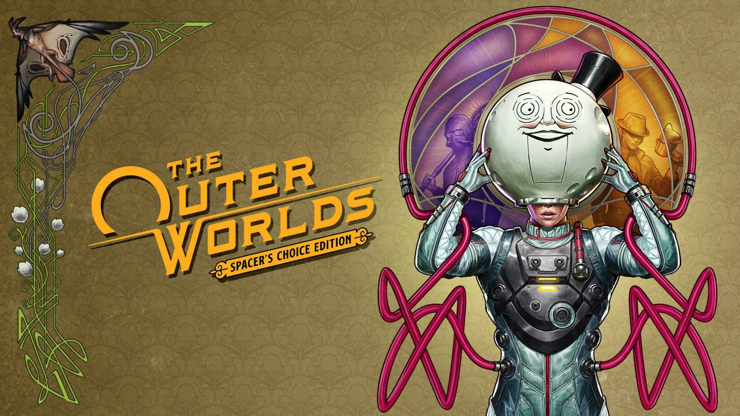  A character in futuristic attire holds a round, expressive helmet, with vibrant artwork and intricate designs in the background.