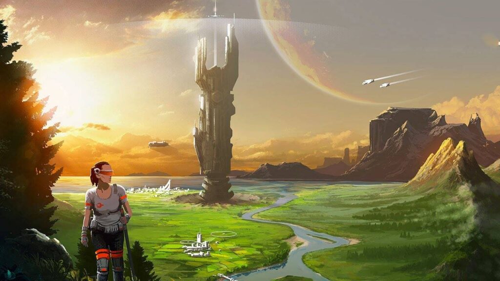A futuristic landscape features a towering structure, vibrant greenery, flowing river, and distant spacecraft in a colorful sky.