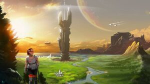 A futuristic landscape features a towering structure, vibrant greenery, flowing river, and distant spacecraft in a colorful sky.