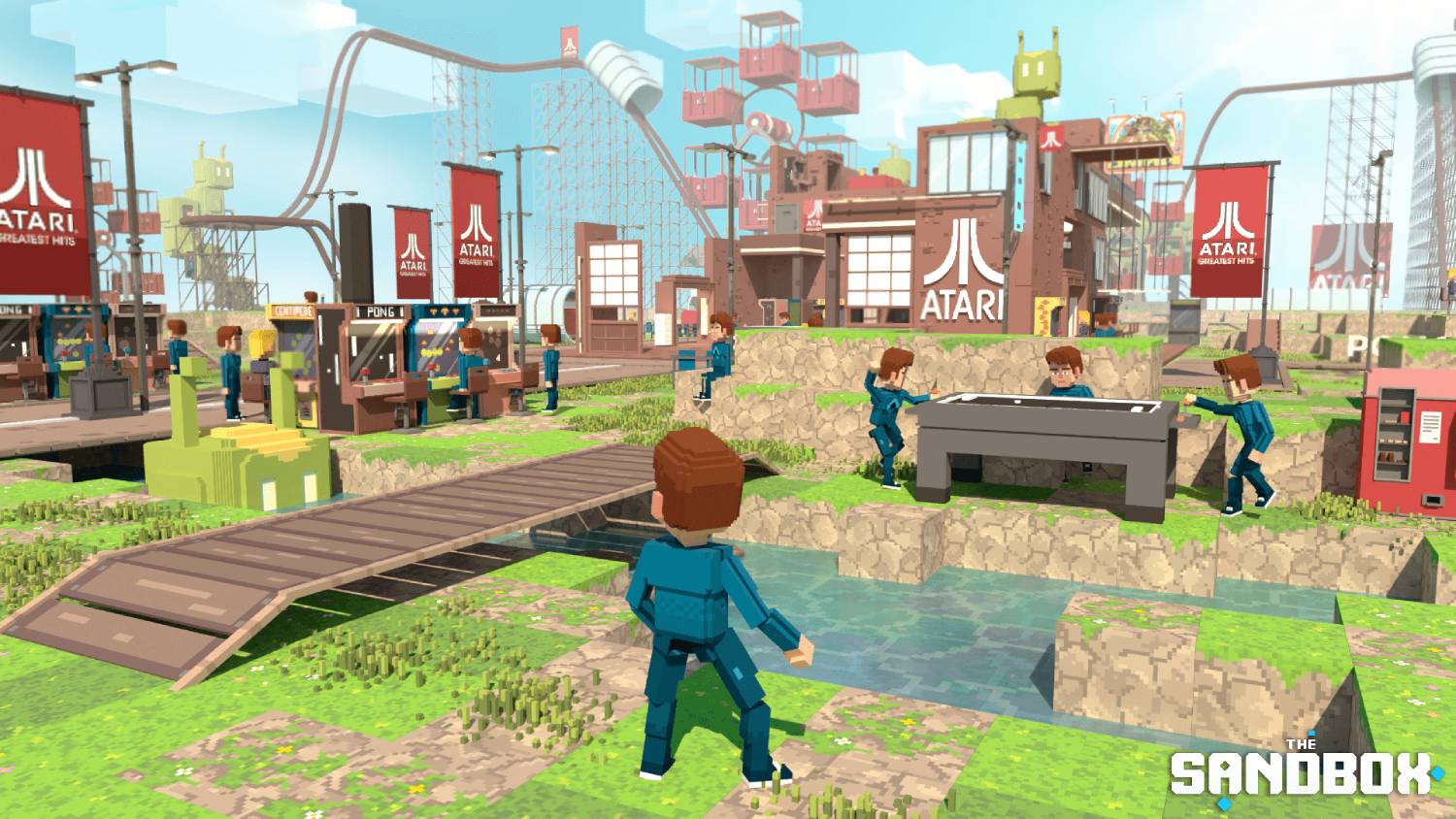  A vibrant pixelated scene from a gaming world, featuring characters engaging in activities near iconic Atari signage and structures.