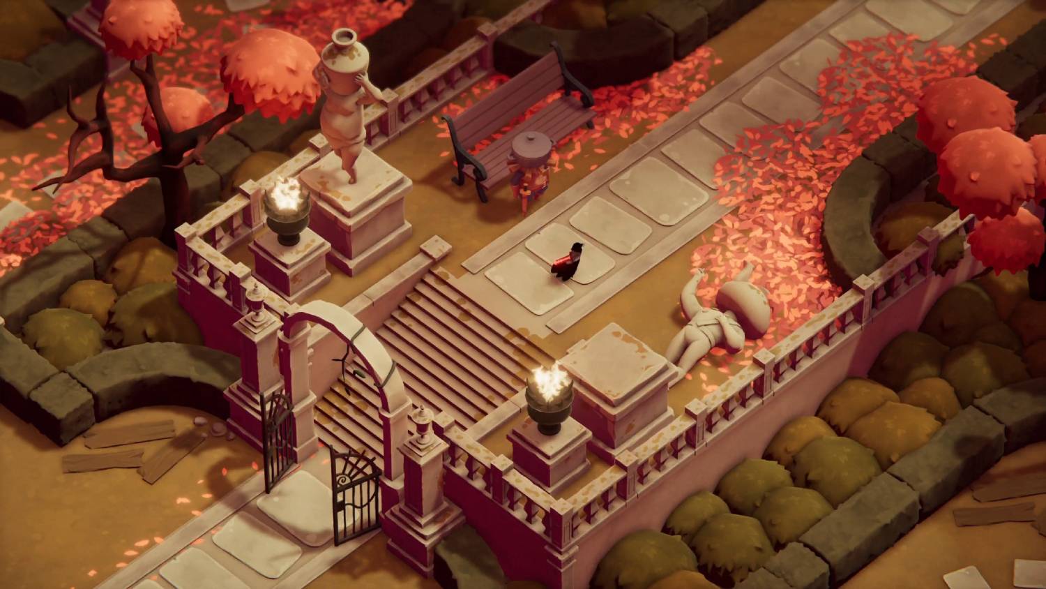 A serene autumn park scene with fallen leaves, a statue holding a pot, a black bird, and a figure resting beside a bench.