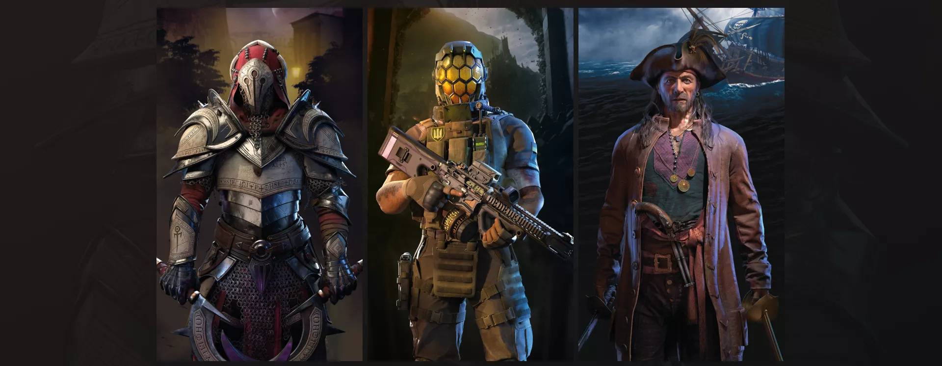 Three distinct characters stand side by side: a medieval armored knight, a tactical soldier with an assault rifle, and a pirate in a long coat.