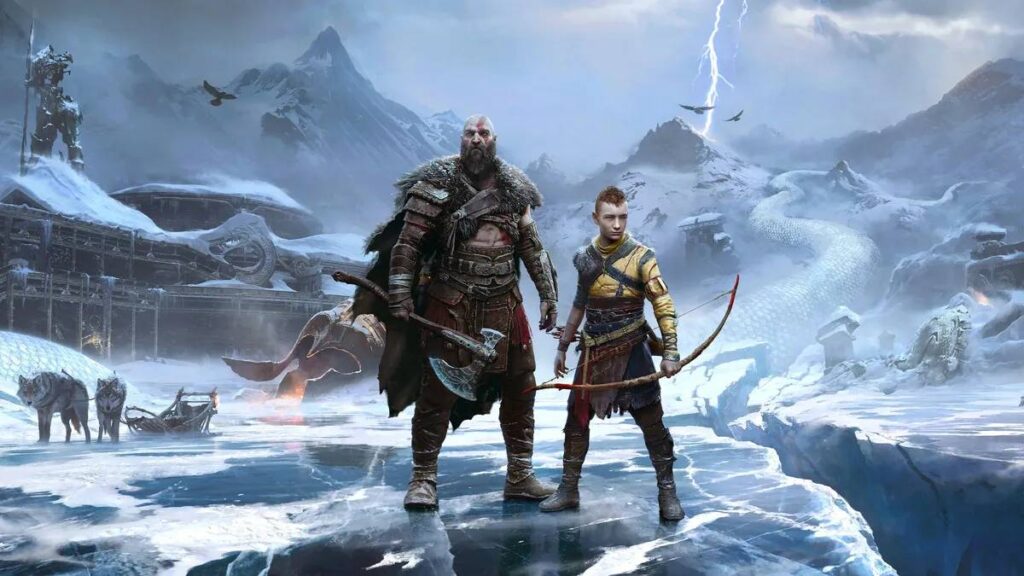 A warrior and a boy stand confidently in a snowy landscape, surrounded by wolves, with mountains and a mysterious serpent in the background.