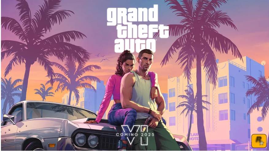  A vibrant illustration of a classic car against a tropical backdrop, with palm trees and retro-style buildings, promoting GTA VI coming 2025.