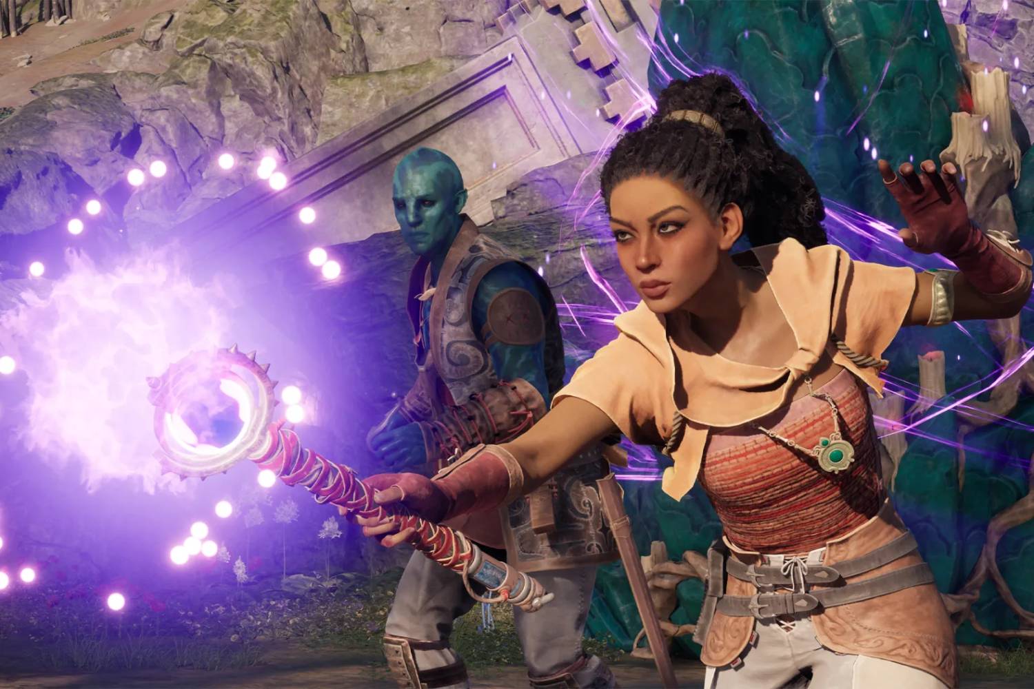  A dynamic scene featuring a character wielding a magical staff emitting purple energy, accompanied by another figure in a fantasy setting.
