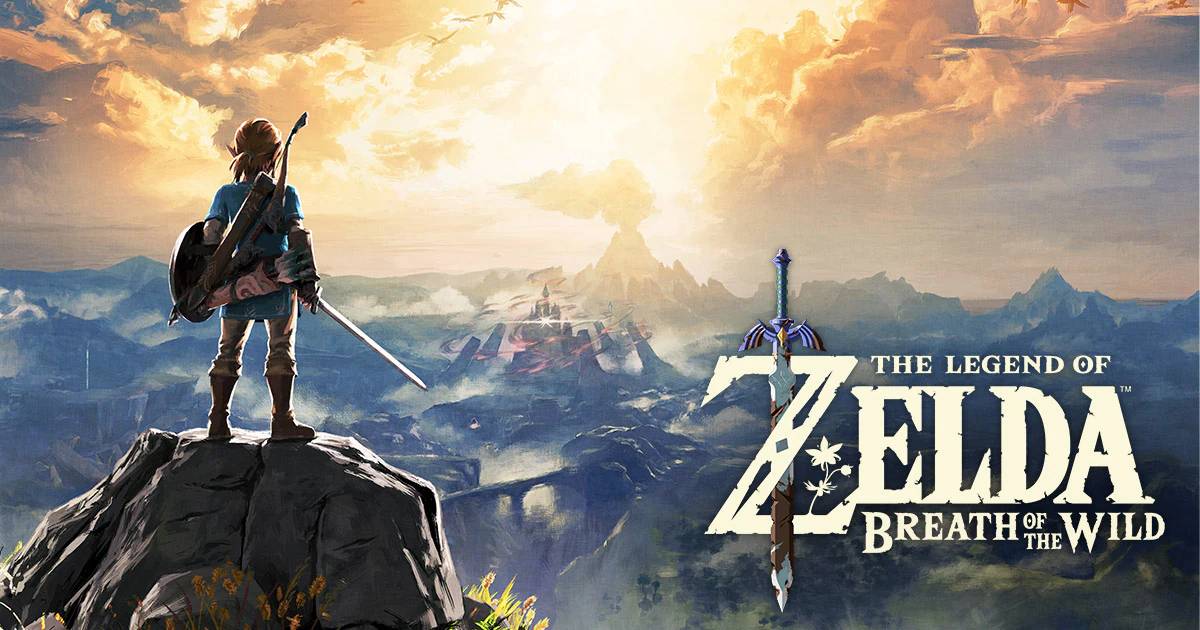 Link stands atop a rock, gazing at a vast landscape illuminated by a sunset, with the title The Legend of Zelda: Breath of the Wild nearby.