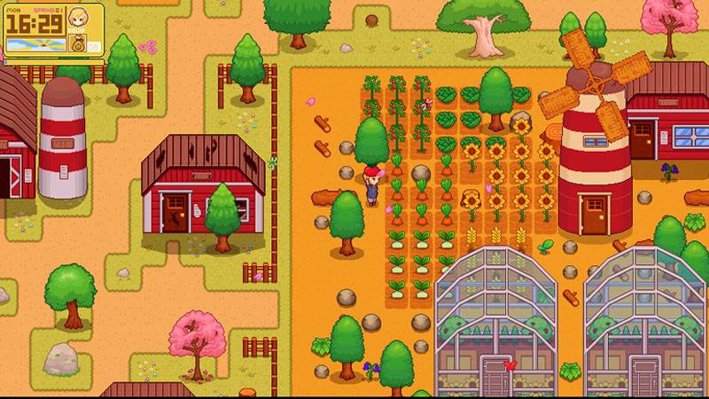 A colorful farm scene with crops, trees, a windmill, and two greenhouses, depicting a vibrant harvest landscape at sunset.