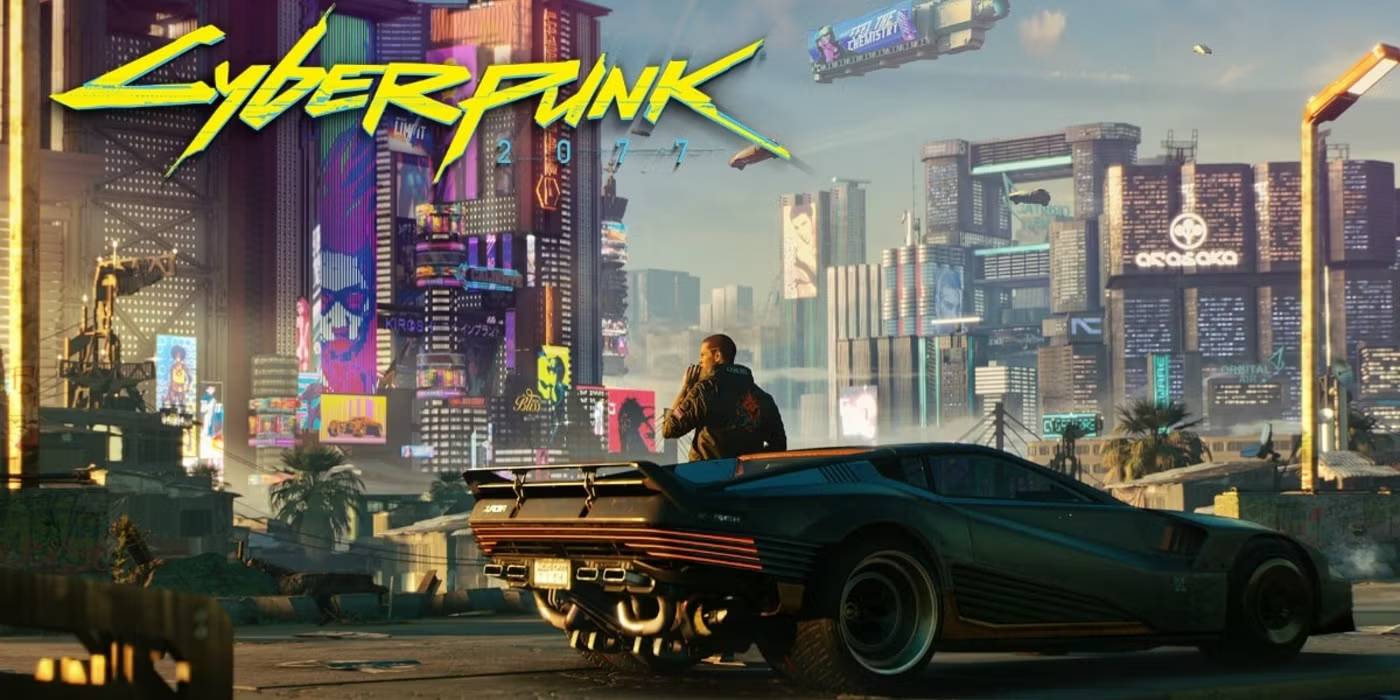 A futuristic cityscape with neon lights, a sleek car, and a figure in a jacket, representing the game Cyberpunk 2077.