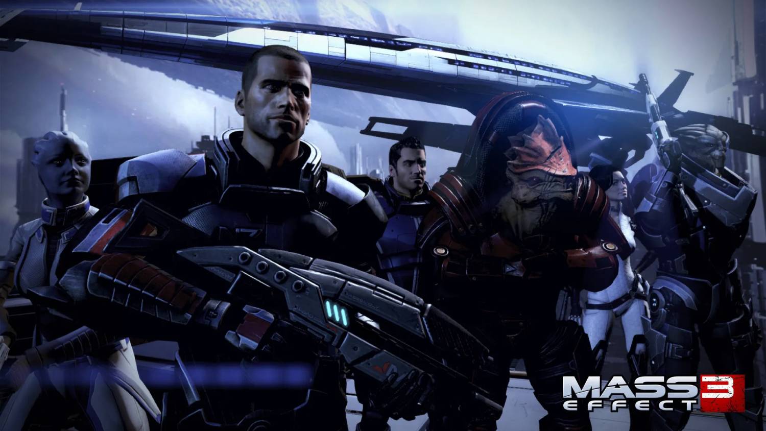 A group of armored soldiers and an alien creature stands confidently, set against a futuristic space backdrop, with a sci-fi weapon prominently displayed.