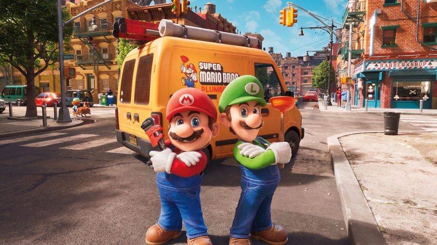 Two iconic video game characters in red and green outfits pose confidently on a city street, with a bright orange Super Mario Bros van in the background.