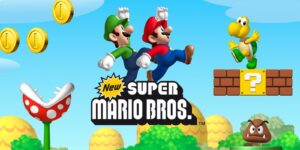 Mario and Luigi jump in a colorful landscape filled with coins, a Piranha Plant, a turtle enemy, and a question block.