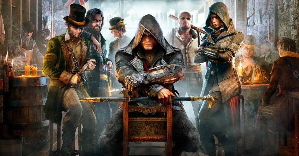 A group of mysterious characters dressed in historical attire, posing confidently in a dimly lit tavern filled with atmosphere and intrigue.