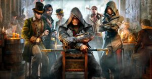 A group of mysterious characters dressed in historical attire, posing confidently in a dimly lit tavern filled with atmosphere and intrigue.