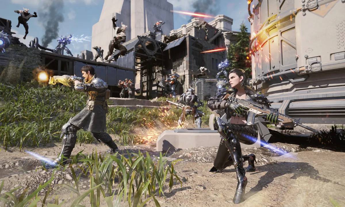 A battle scene featuring two armed characters in futuristic outfits, surrounded by commotion and energy blasts in a grassy area.