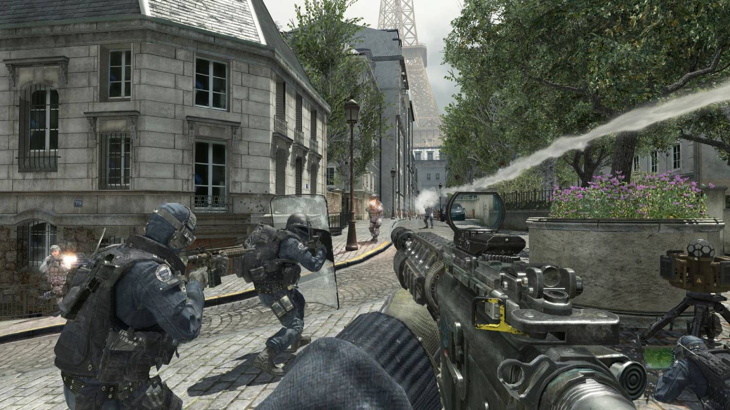  A tactical scene featuring soldiers in combat gear engaging in a firefight on a cobblestone street, with buildings and the Eiffel Tower in the background.