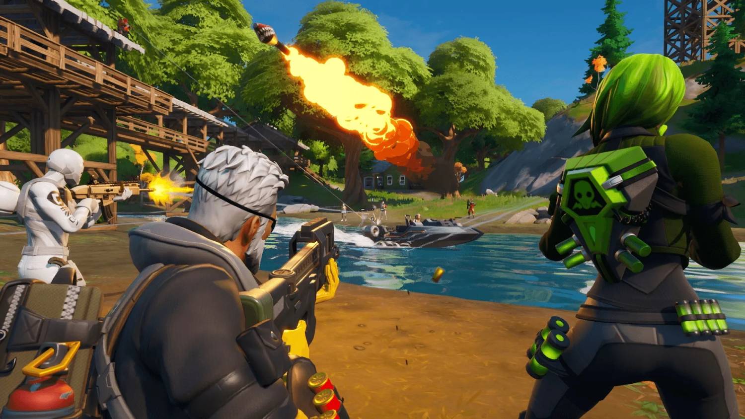  Two players in tactical outfits aim their weapons at a boat under attack. Explosions and water splash as chaos unfolds in a vibrant setting.