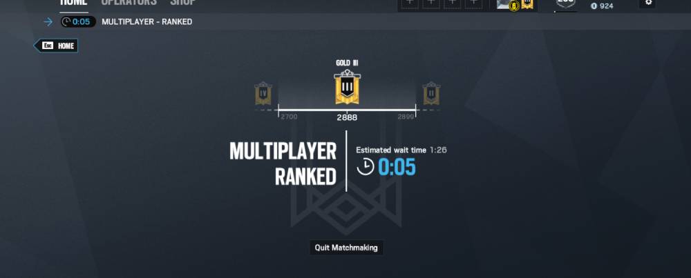 Screenshot of a multiplayer ranked matchmaking screen showing Gold II rank, current score of 2888, and a 5-second wait timer.