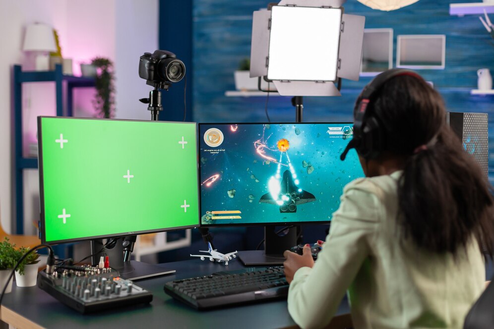A gamer wearing a headset plays on dual monitors, one displaying a game and the other with a green screen, with a camera and lighting setup.