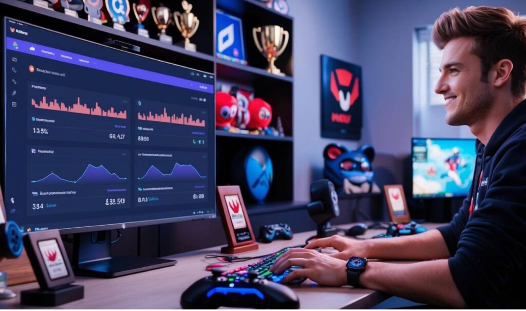 A gamer sits at a desk with a colorful keyboard and game controllers, focused on a large monitor displaying performance statistics and analysis.