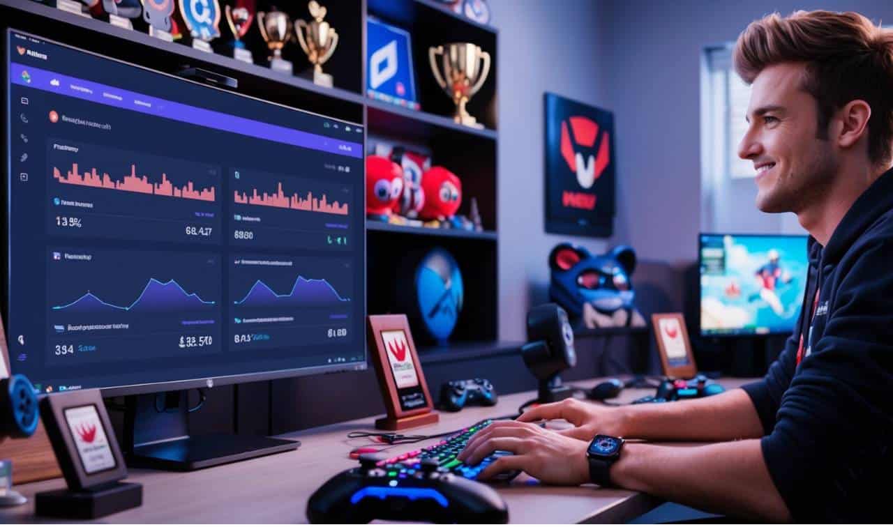 A gamer sits at a desk with a colorful keyboard and game controllers, focused on a large monitor displaying performance statistics and analysis.