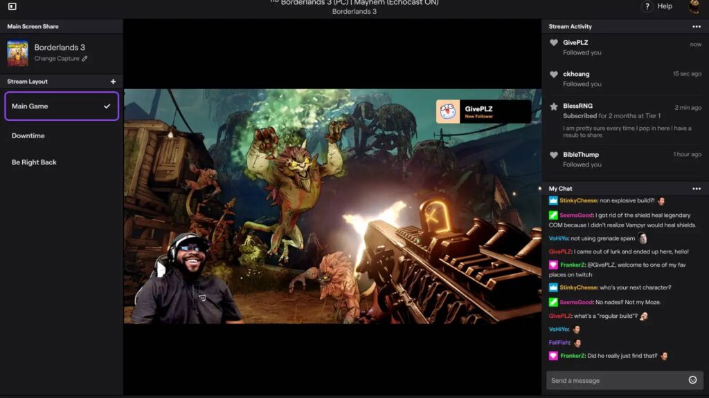 A player battles colorful, monstrous creatures in Borderlands 3, surrounded by a vibrant, chaotic environment and live chat updates.