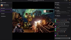 A player battles colorful, monstrous creatures in Borderlands 3, surrounded by a vibrant, chaotic environment and live chat updates.