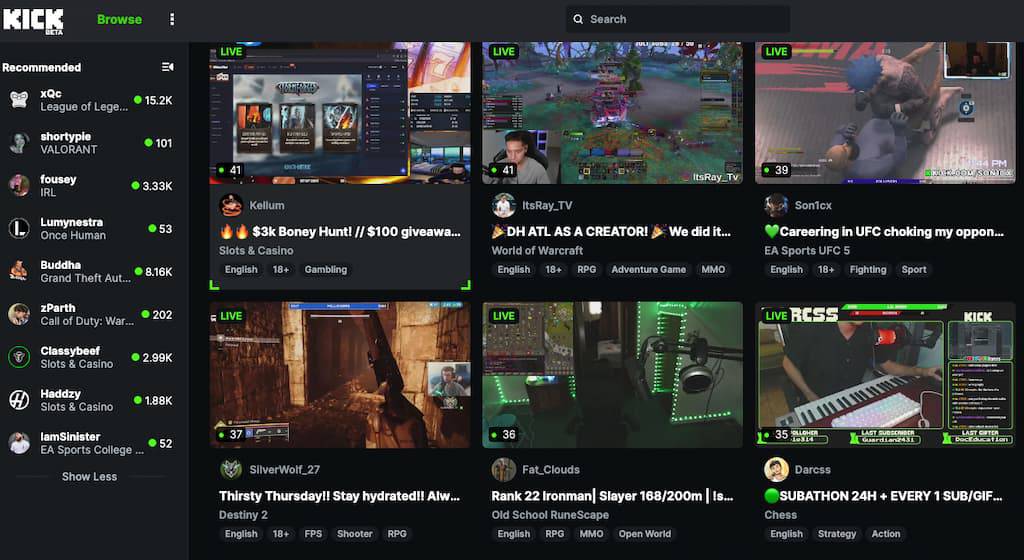 A screenshot of the Kick streaming platform displaying various live streams, featuring game titles and viewer counts on a dark interface.