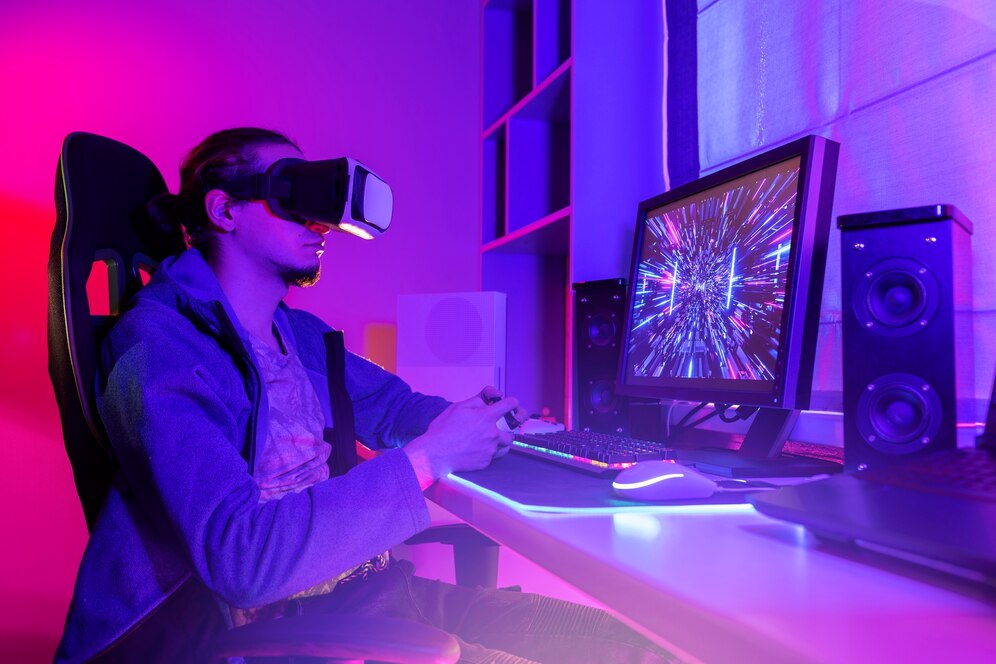 A gamer wearing a VR headset sits at a colorful desk, focused on a computer displaying a vibrant, futuristic visual.
