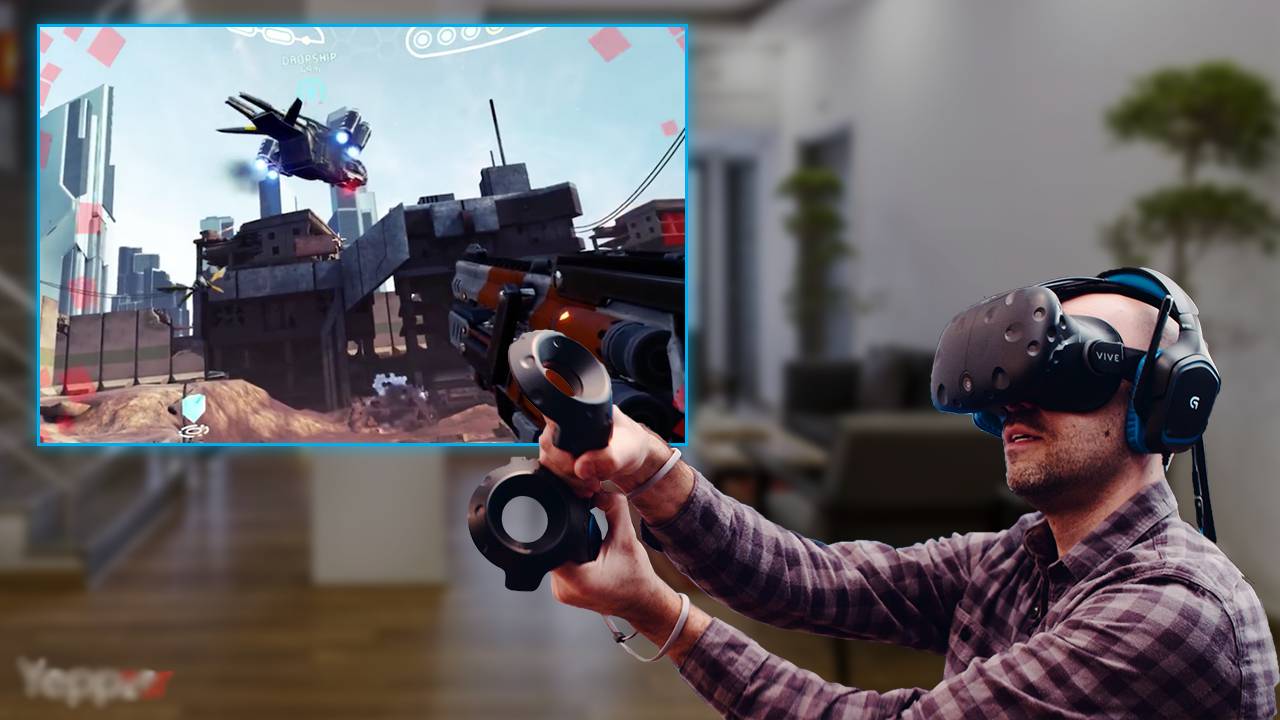 A person in a plaid shirt uses a VR headset and controllers to play an action-packed video game featuring a futuristic cityscape.
