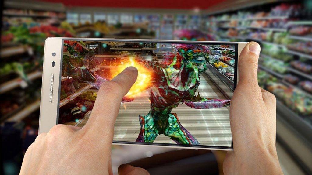 A person interacts with an augmented reality creature on a smartphone in a colorful grocery store aisle.