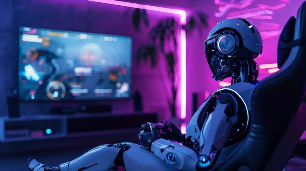 A futuristic robot sitting in a gaming chair, focused on a vibrant screen displaying an action-packed video game in neon lighting.