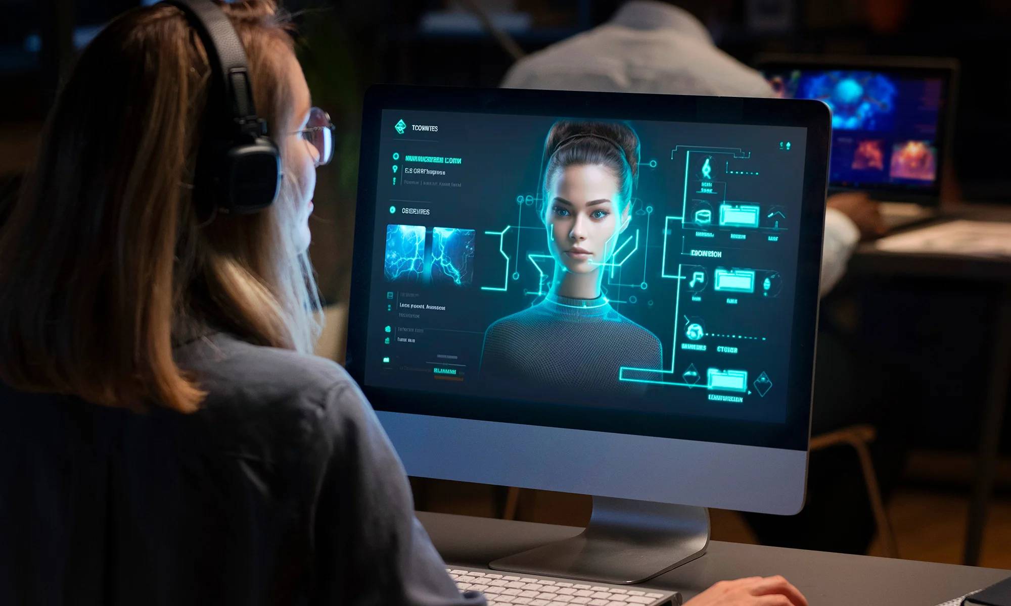 A person with headphones sits in front of a computer displaying futuristic holographic data and avatars in a dim workspace.
