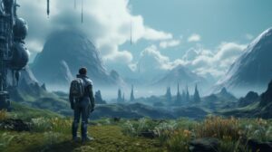 A person in a futuristic suit standing in a lush alien landscape with towering mountains and mechanical structures.